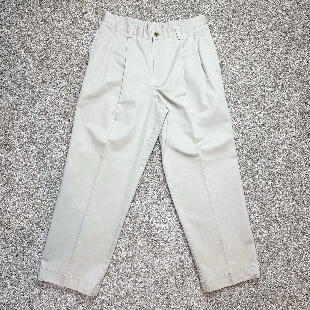 VTG 1990s IZOD Mens 30x28 Khaki Pleated Chino Pants Cuffed High Rise Trousers